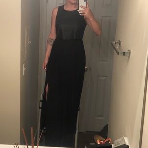 Black evening Pleather/long pleats dress